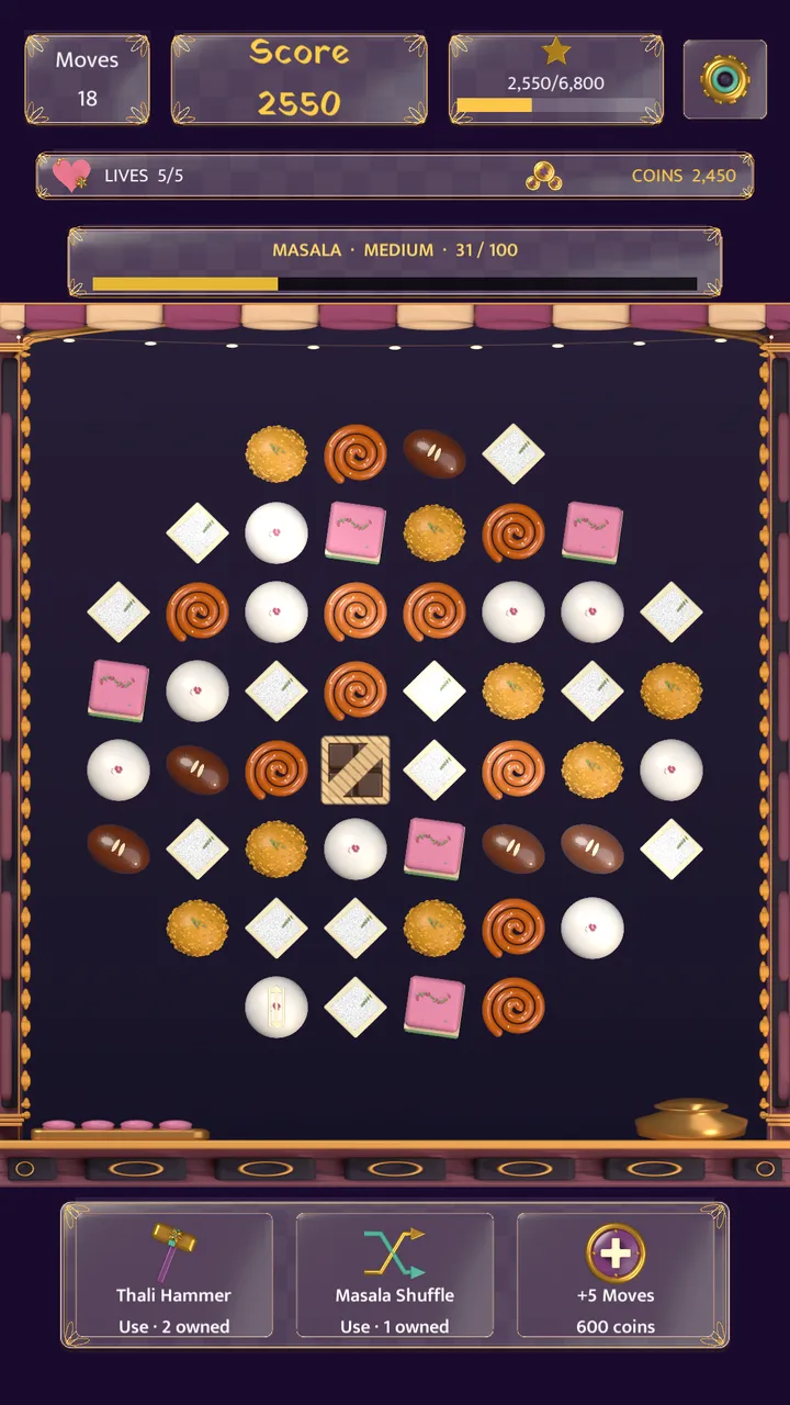 A match-3 board of Indian sweets mid-level, with score, moves and the Masala Meter