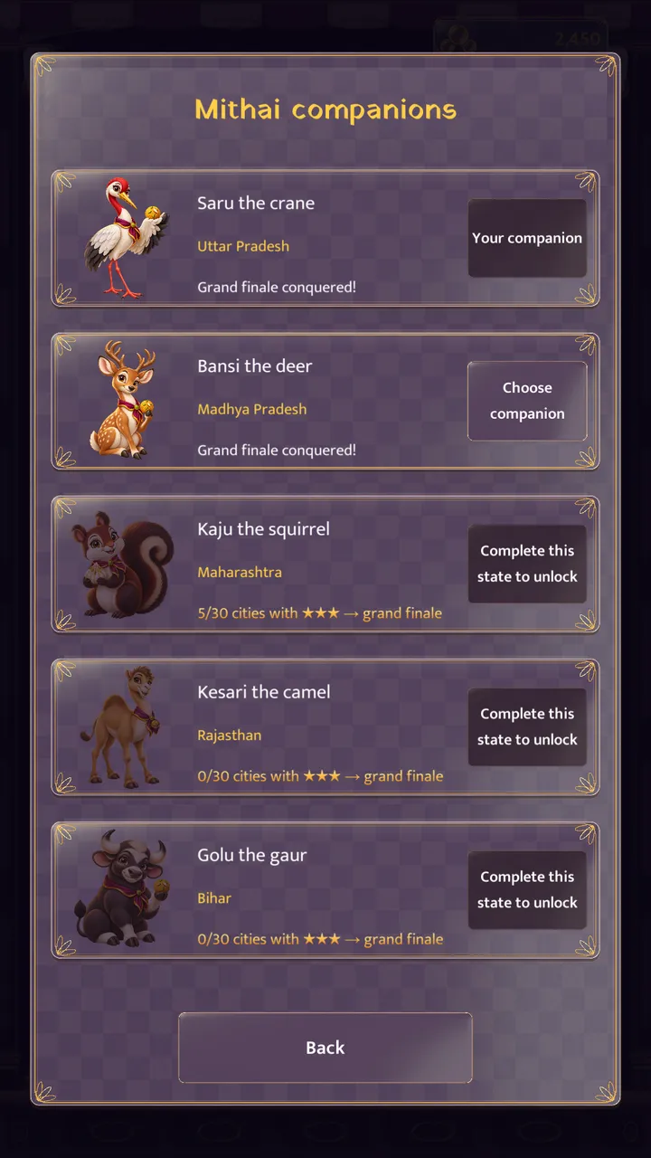 The Mithai companions screen with five animal companions