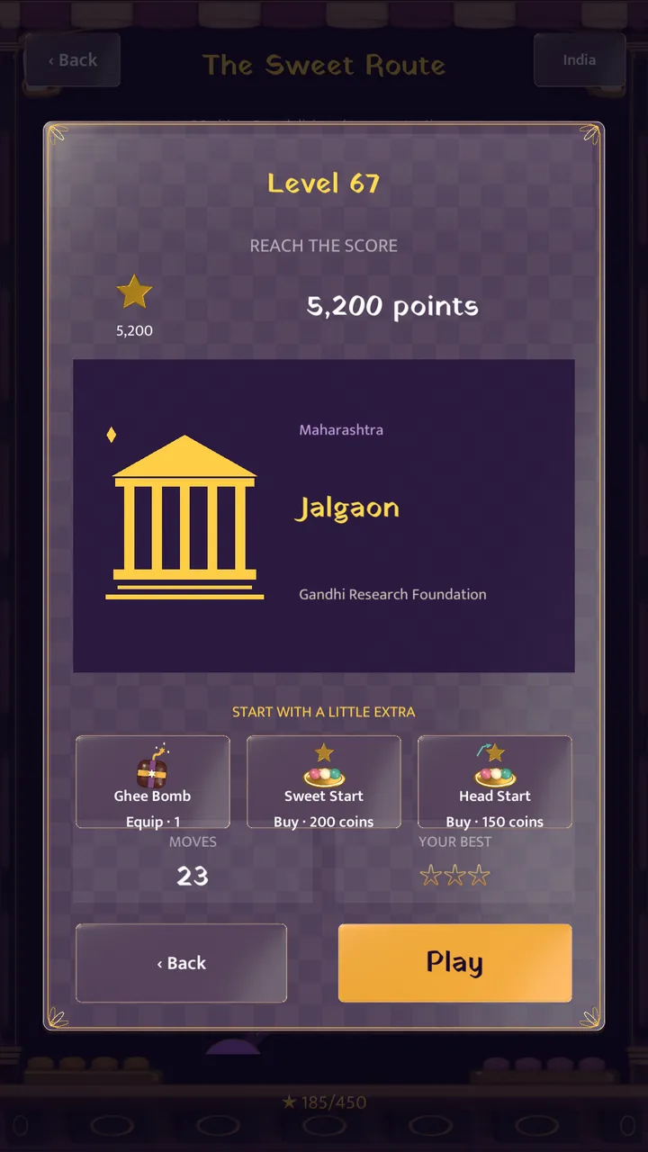 A level card for Jalgaon with goal, landmark and optional boosters