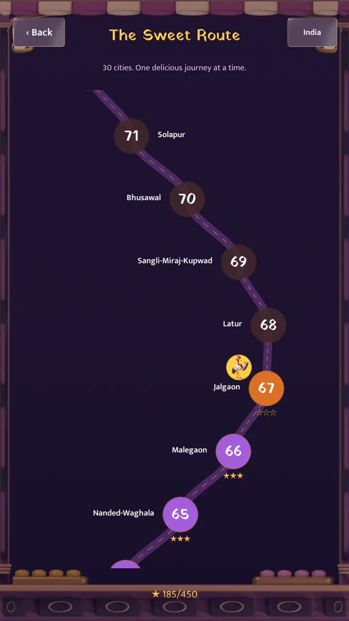 The Sweet Route level map with numbered city stops